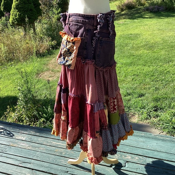 Upcycled Boho Tiered Jean Top Ruffled Hem Raw Edge Patchwork Midi Skirt Med to L - Picture 13 of 15